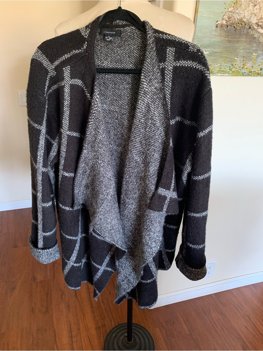 Black and grey acrylic knit shawl sweater jacket, excellent condition